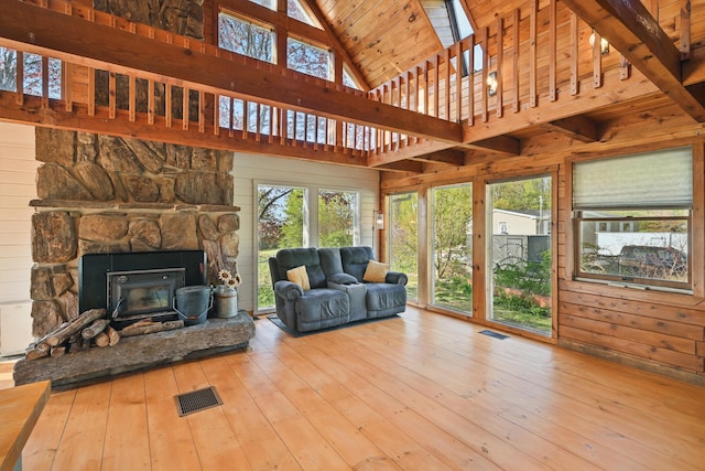 658 High St, West Gardiner, ME 04345 - living room with healthy amount of natural light, wood-type flooring, high vaulted ceiling, a stone fireplace, and wood ceiling