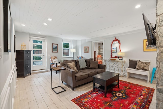123 Cumberland Ave, Portland, ME 04101 - living area featuring recessed lighting, wooden ceiling, and built in shelves