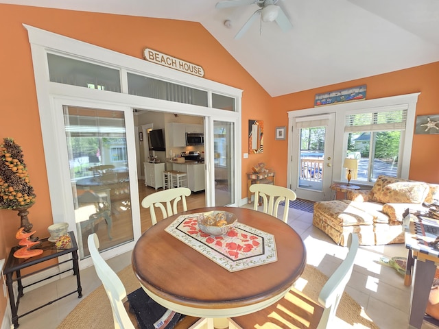 1 Old County Rd Unit 155, Wells, ME 04090 - dining room featuring french doors, lofted ceiling, tile patterned flooring, and ceiling fan