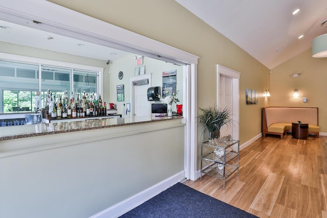 1 Old County Rd Unit 155, Wells, ME 04090 - bar featuring light wood-style floors, baseboards, lofted ceiling, and recessed lighting