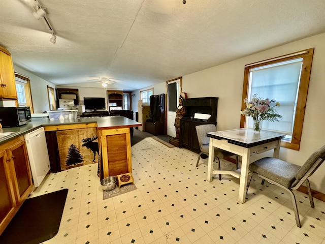 kitchen with dishwasher, a peninsula, dark countertops, a ceiling fan, and open floor plan
