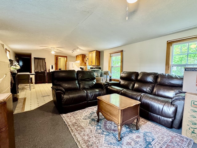carpeted living room featuring a textured ceiling and ceiling fan