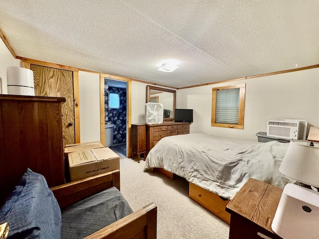 carpeted bedroom featuring a textured ceiling and ornamental molding