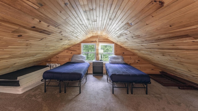 183 Pine Point Rd, Oxford, ME 04270 - bedroom featuring wood ceiling, carpet floors, wooden walls, and lofted ceiling