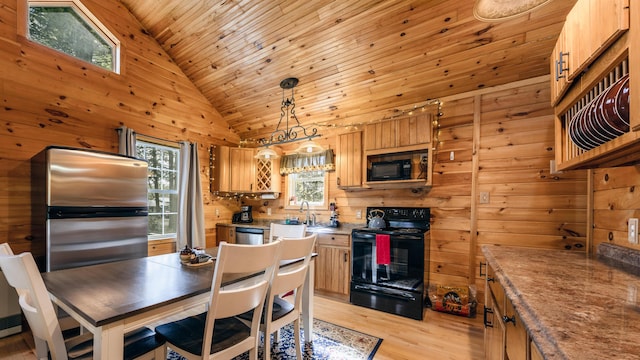 183 Pine Point Rd, Oxford, ME 04270 - kitchen featuring black appliances, light wood finished floors, wooden ceiling, wooden walls, and decorative light fixtures