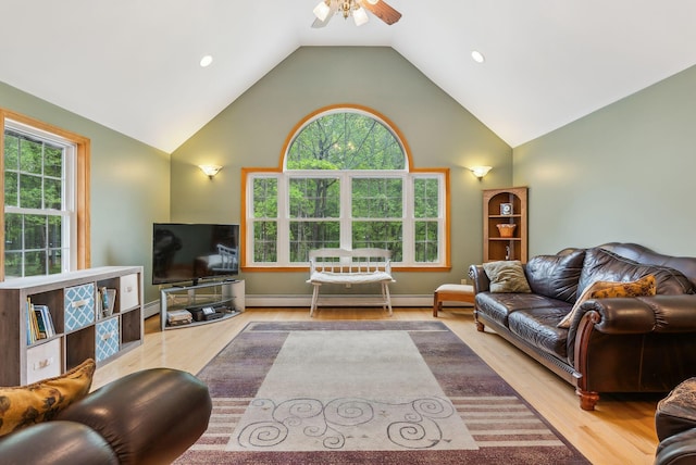 1 Whispering Pines Dr, Old Orchard Beach, ME 04064 - living area with ceiling fan, healthy amount of natural light, high vaulted ceiling, wood finished floors, and baseboard heating