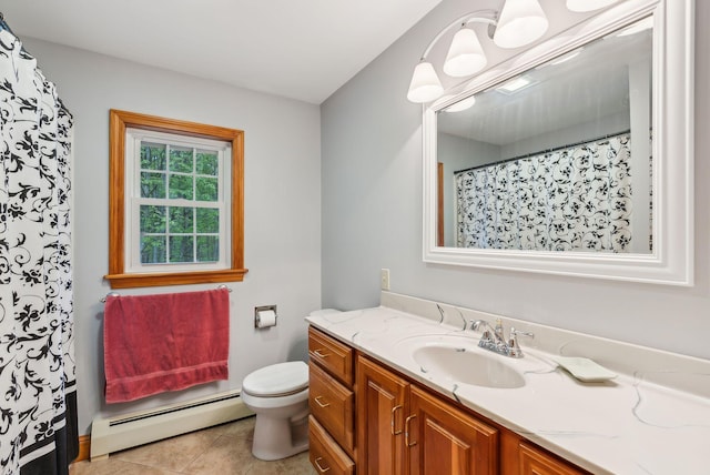 1 Whispering Pines Dr, Old Orchard Beach, ME 04064 - bathroom with a baseboard radiator, vanity, toilet, and tile patterned flooring
