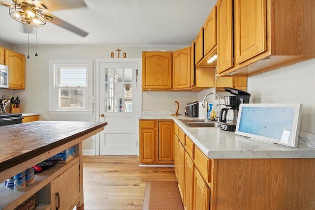 25 Biron Ave, Lewiston, ME 04240 - kitchen featuring light wood-style flooring, light countertops, ceiling fan, white microwave, and a sink