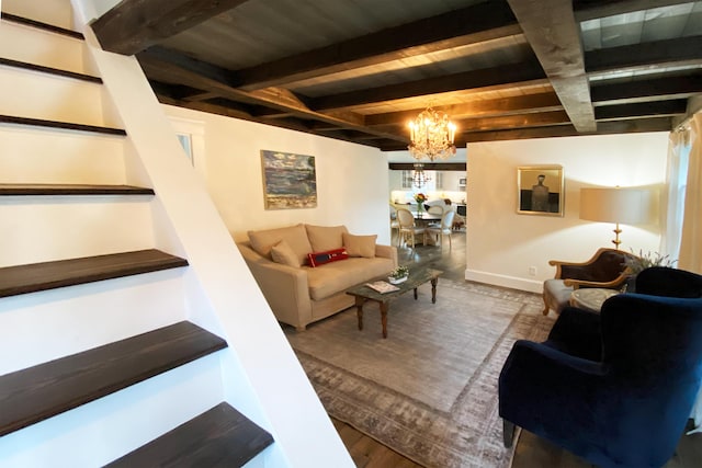16 Cross St, Camden, ME 04843 - living room featuring a chandelier, wood finished floors, wooden ceiling with exposed beams, and baseboards