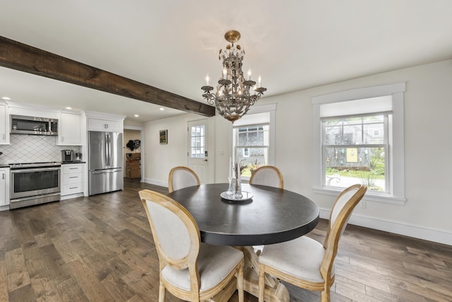 16 Cross St, Camden, ME 04843 - dining room with a chandelier, baseboards, recessed lighting, dark wood finished floors, and beam ceiling