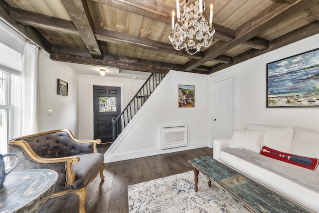 16 Cross St, Camden, ME 04843 - living room featuring baseboards, wood-type flooring, a chandelier, stairway, and wood ceiling with exposed beams
