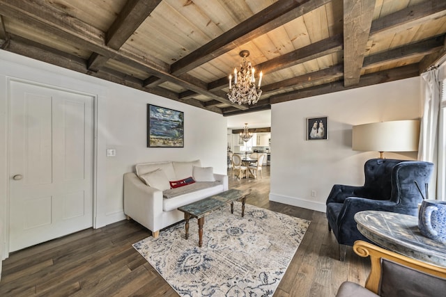 16 Cross St, Camden, ME 04843 - living area featuring a chandelier, baseboards, dark wood-type flooring, and wooden ceiling with exposed beams