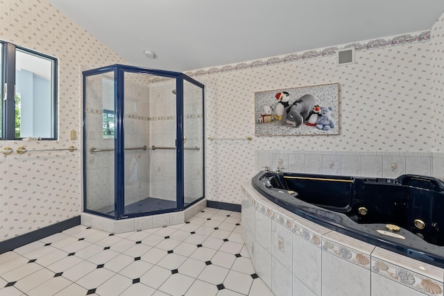 73 Hodsdon Ln, Jefferson, ME 04348 - bathroom with wallpapered walls, a whirlpool tub, and a stall shower