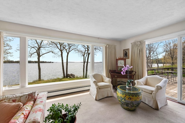 21 Ledge Rd, Cumberland, ME 04110 - carpeted living room featuring a water view, a baseboard heating unit, and a textured ceiling
