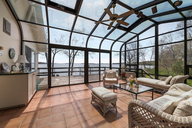 21 Ledge Rd, Cumberland, ME 04110 - sunroom / solarium with a water view, outdoor lounge area, ceiling fan, lofted ceiling, and area for grilling