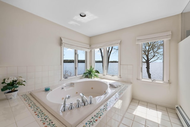 21 Ledge Rd, Cumberland, ME 04110 - bathroom with a baseboard radiator, a jetted tub, tile patterned flooring, and a water view