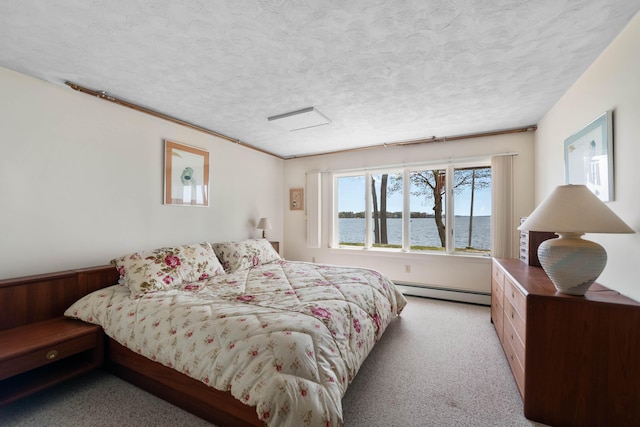 21 Ledge Rd, Cumberland, ME 04110 - bedroom with baseboard heating, carpet, a water view, and a textured ceiling