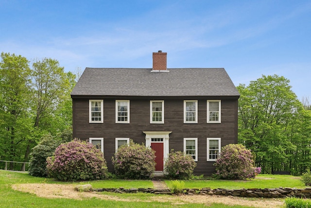19 Bearce Rd, Winthrop, ME 04364 - colonial house with a chimney, a front yard, and a shingled roof
