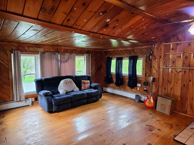 1330 Pushaw Rd, Glenburn, ME 04401 - living area featuring wooden walls, hardwood / wood-style flooring, a baseboard radiator, plenty of natural light, and wood ceiling
