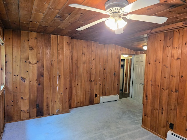 1330 Pushaw Rd, Glenburn, ME 04401 - carpeted spare room featuring a baseboard heating unit, wood ceiling, wooden walls, and ceiling fan