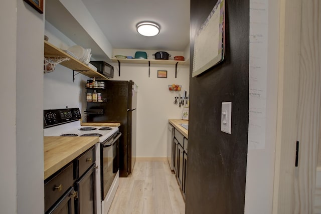 5 Glenridge Dr Unit 5, Portland, ME 04102 - kitchen with open shelves, white range with electric stovetop, light wood-style floors, butcher block counters, and baseboards