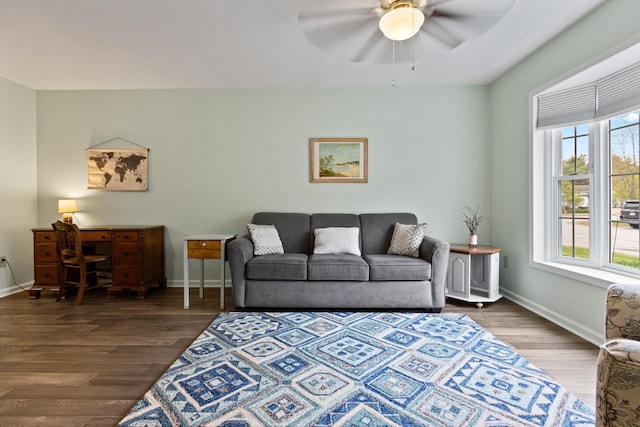 14 Chickadee Cir Unit 14, Brunswick, ME 04011 - living room featuring wood finished floors, baseboards, and a ceiling fan