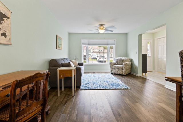 14 Chickadee Cir Unit 14, Brunswick, ME 04011 - living room featuring dark wood-type flooring, a ceiling fan, and baseboards