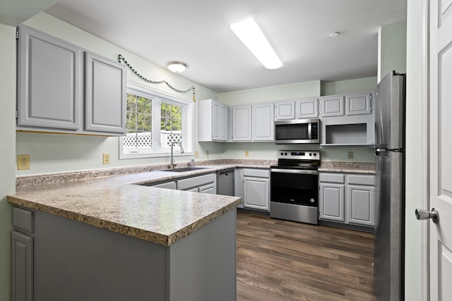 14 Chickadee Cir Unit 14, Brunswick, ME 04011 - kitchen with stainless steel appliances, a sink, gray cabinetry, a peninsula, and dark wood-style flooring