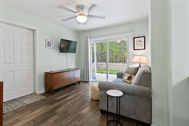 14 Chickadee Cir Unit 14, Brunswick, ME 04011 - living area featuring dark wood-style floors, a ceiling fan, and baseboards