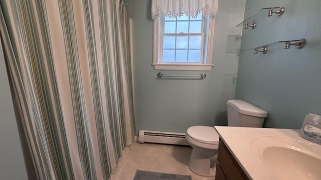 60 Twig Cir, Harrison, ME 04040 - bathroom with baseboard heating, toilet, tile patterned floors, vanity, and curtained shower
