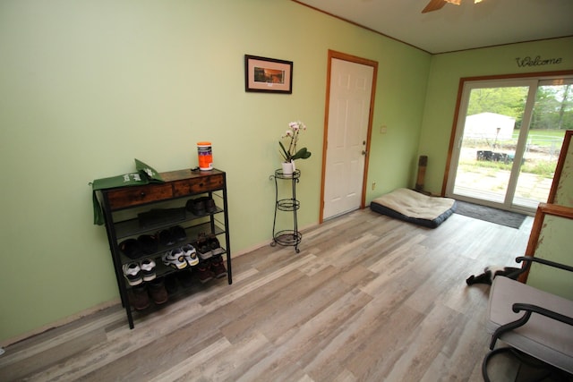 foyer with light wood-style floors and ceiling fan