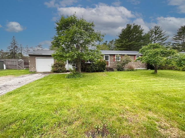 single story home with dirt driveway, an attached garage, and metal roof