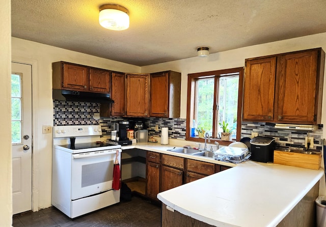 25 Mill Ln, Naples, ME 04055 - kitchen featuring white electric range oven, a sink, a peninsula, decorative backsplash, and light countertops