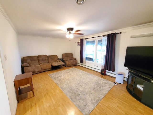 259-265 Bowden Point Rd, Prospect, ME 04981 - living area featuring a wall unit AC, a ceiling fan, crown molding, and light wood finished floors