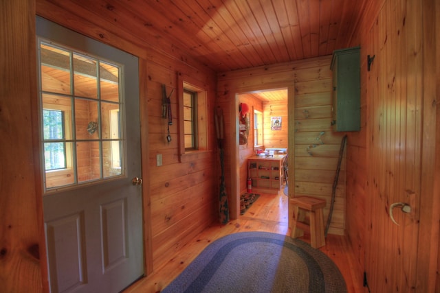113 W Arm Rd, Magalloway Plt, ME 04970 - doorway with light wood finished floors, wooden walls, and wooden ceiling