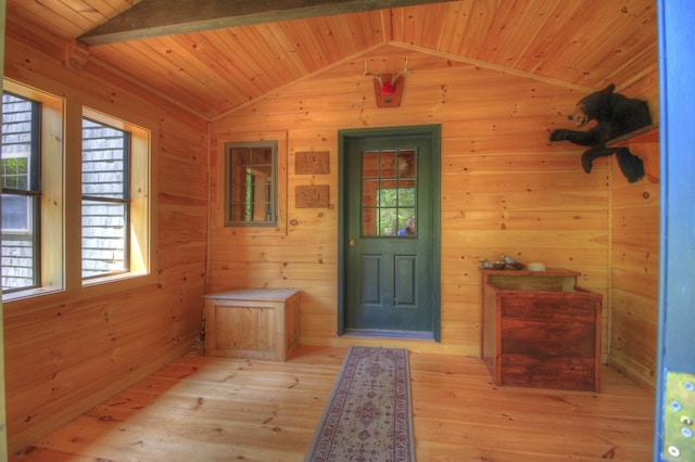 113 W Arm Rd, Magalloway Plt, ME 04970 - foyer entrance with lofted ceiling, light wood-type flooring, wooden walls, and wood ceiling