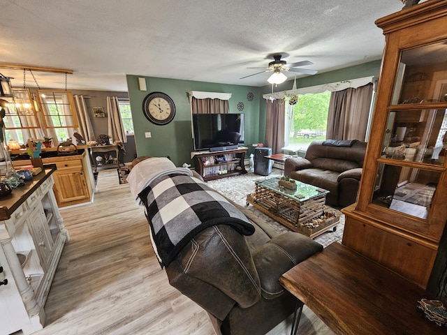 living area featuring a textured ceiling, a ceiling fan, and light wood-style floors