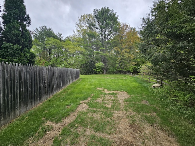 view of yard featuring a forest view