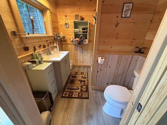 54 Orris Lamb Rd W, Dallas Plt, ME 04970 - bathroom featuring wood walls, toilet, wood finished floors, and vanity