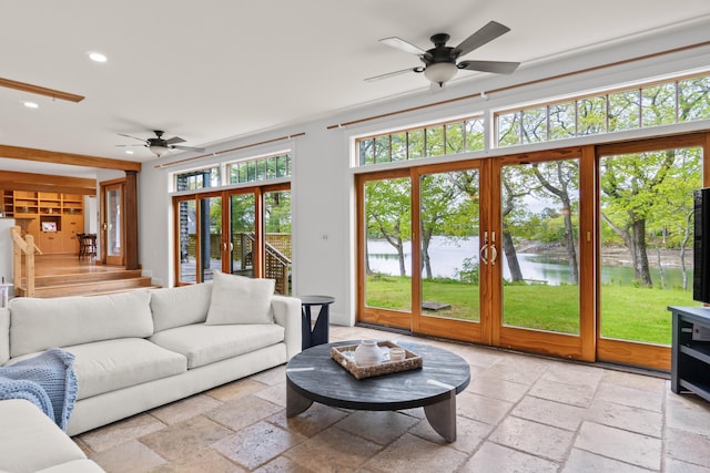 21 Harpswell Islands Rd, Harpswell, ME 04079 - living area with a ceiling fan, stone tile floors, and recessed lighting