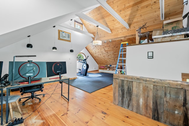 21 Harpswell Islands Rd, Harpswell, ME 04079 - office area featuring hardwood / wood-style flooring, high vaulted ceiling, and wooden ceiling with exposed beams