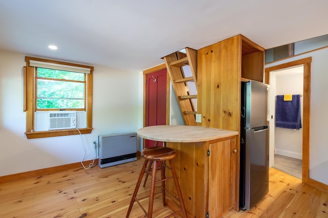 21 Harpswell Islands Rd, Harpswell, ME 04079 - kitchen with freestanding refrigerator, light wood-style flooring, open shelves, baseboards, and recessed lighting