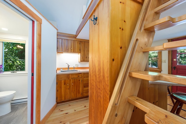 21 Harpswell Islands Rd, Harpswell, ME 04079 - bar area featuring a sink, a baseboard radiator, and light wood-type flooring