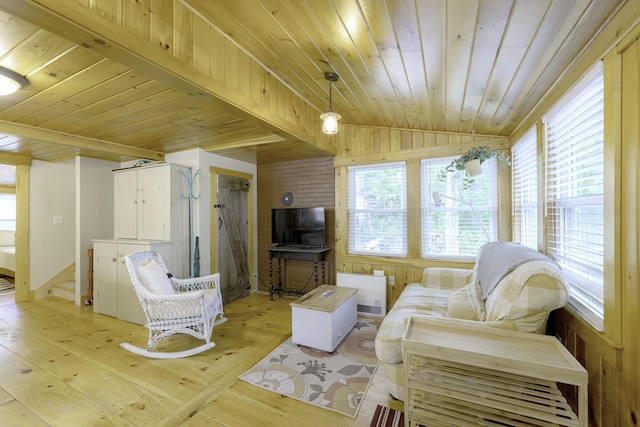 107 Meadow Rd, Raymond, ME 04071 - living room featuring lofted ceiling, wood ceiling, and light wood-style flooring