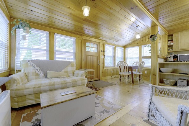 107 Meadow Rd, Raymond, ME 04071 - living area featuring wood ceiling, vaulted ceiling, light wood-style floors, and wood walls