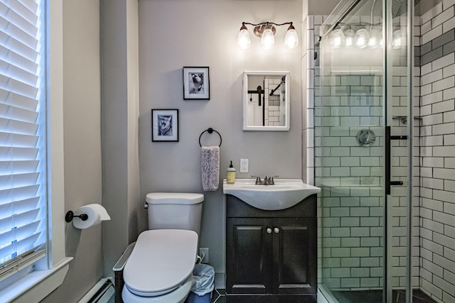 45 High St, Biddeford, ME 04005 - full bathroom featuring toilet, a shower stall, vanity, and a baseboard heating unit