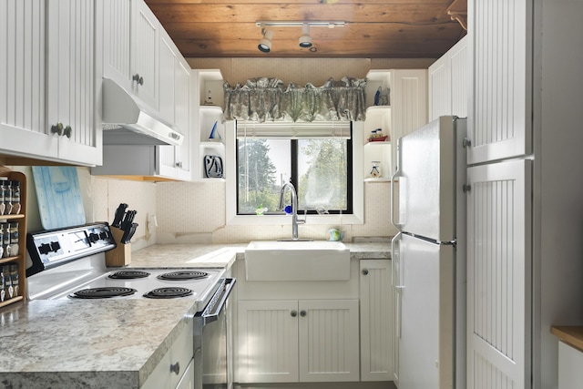 197 Ash Point Rd, Harpswell, ME 04079 - kitchen featuring white appliances, under cabinet range hood, a sink, wooden ceiling, and backsplash