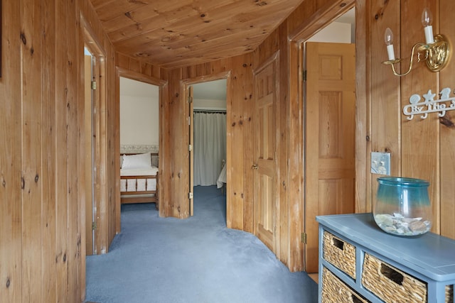 197 Ash Point Rd, Harpswell, ME 04079 - hallway featuring wood ceiling, wood walls, and carpet flooring