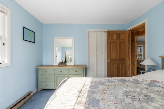 197 Ash Point Rd, Harpswell, ME 04079 - bedroom featuring baseboard heating, carpet, and a closet
