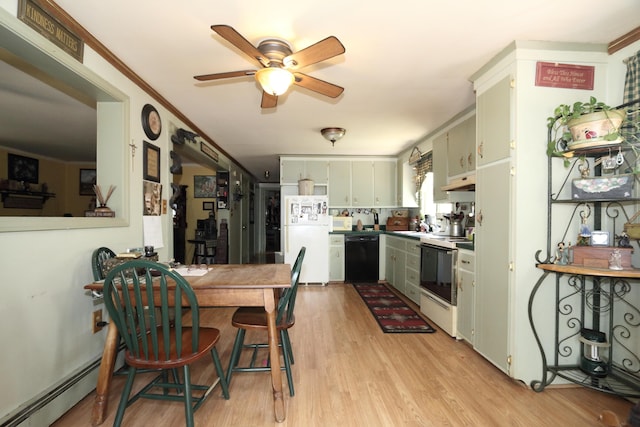 58 Skeetfield Rd, Oxford, ME 04270 - kitchen featuring white appliances, a ceiling fan, light wood-style flooring, a sink, and under cabinet range hood